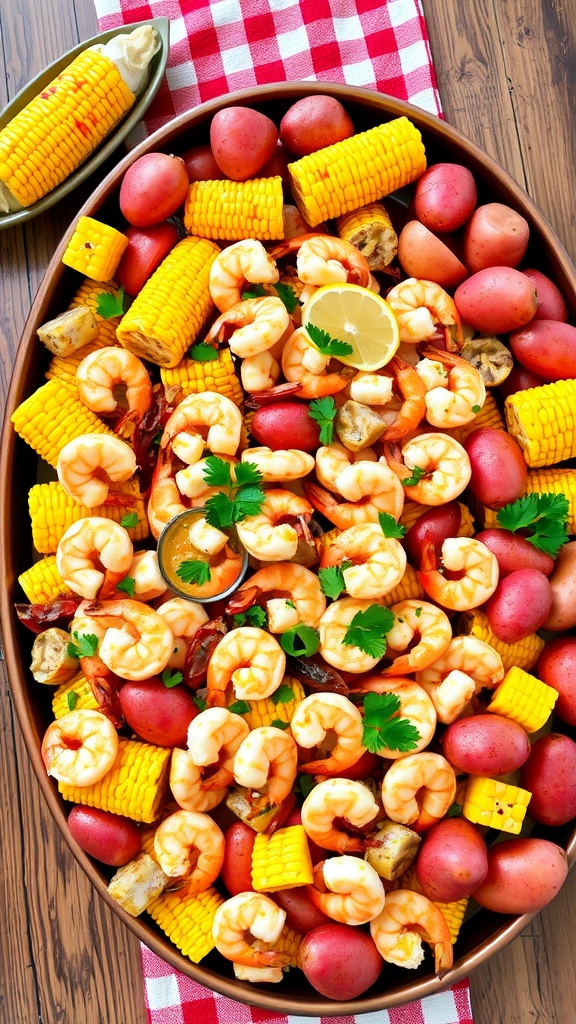 A delicious shrimp boil with shrimp, corn, potatoes, and sausage garnished with parsley on a rustic table.